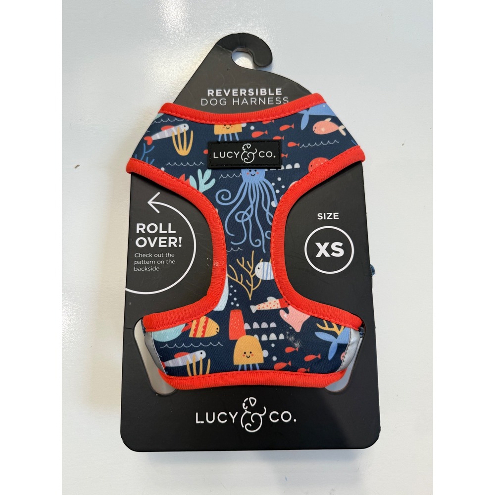 Lucy & Co Reversible Dog Harness Roll Over Sea Creatures Blue Red XS New